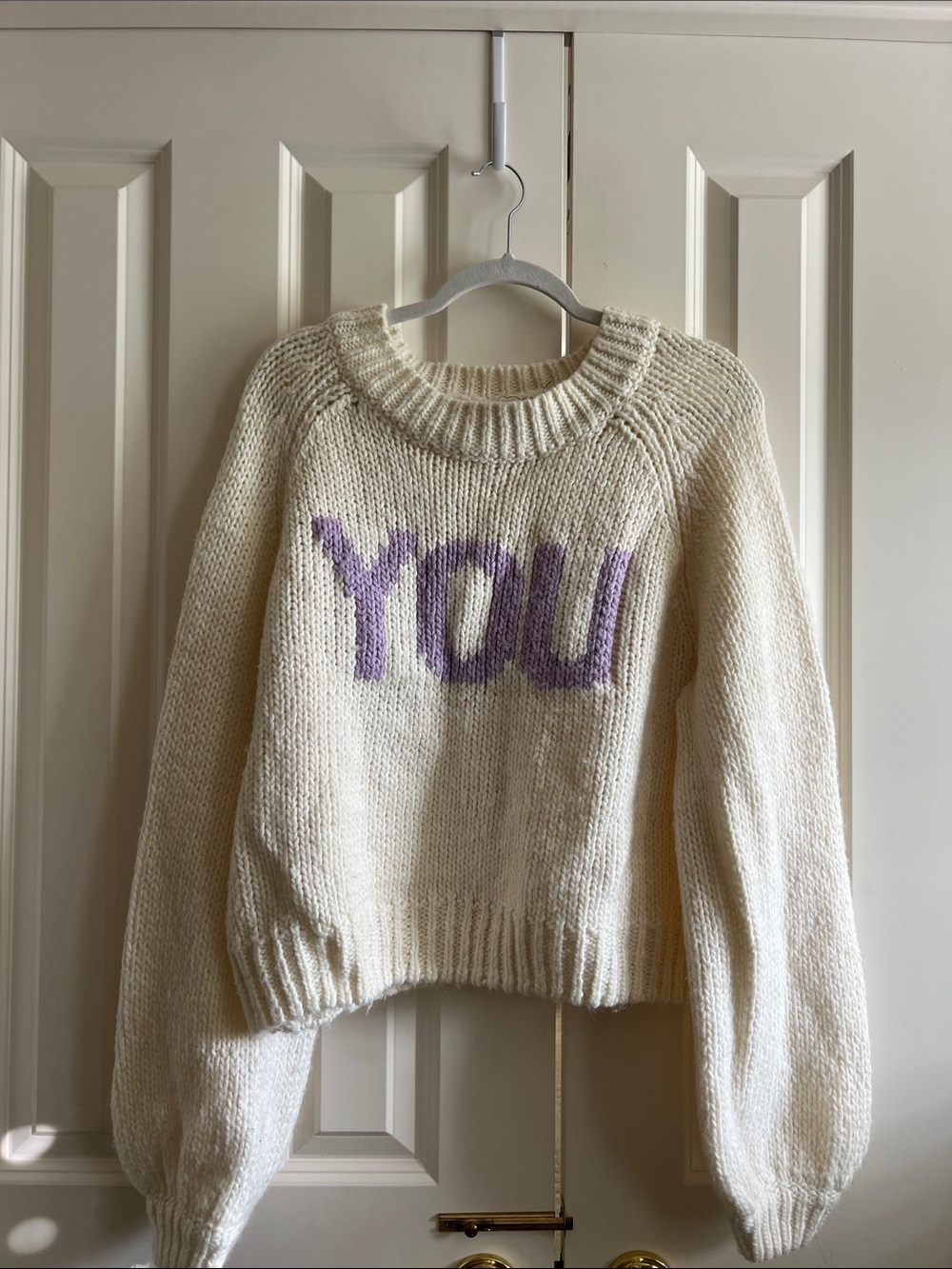 Olivaceous Oversized Cream Knit Crewneck Sweater with Lavender YOU Lettering